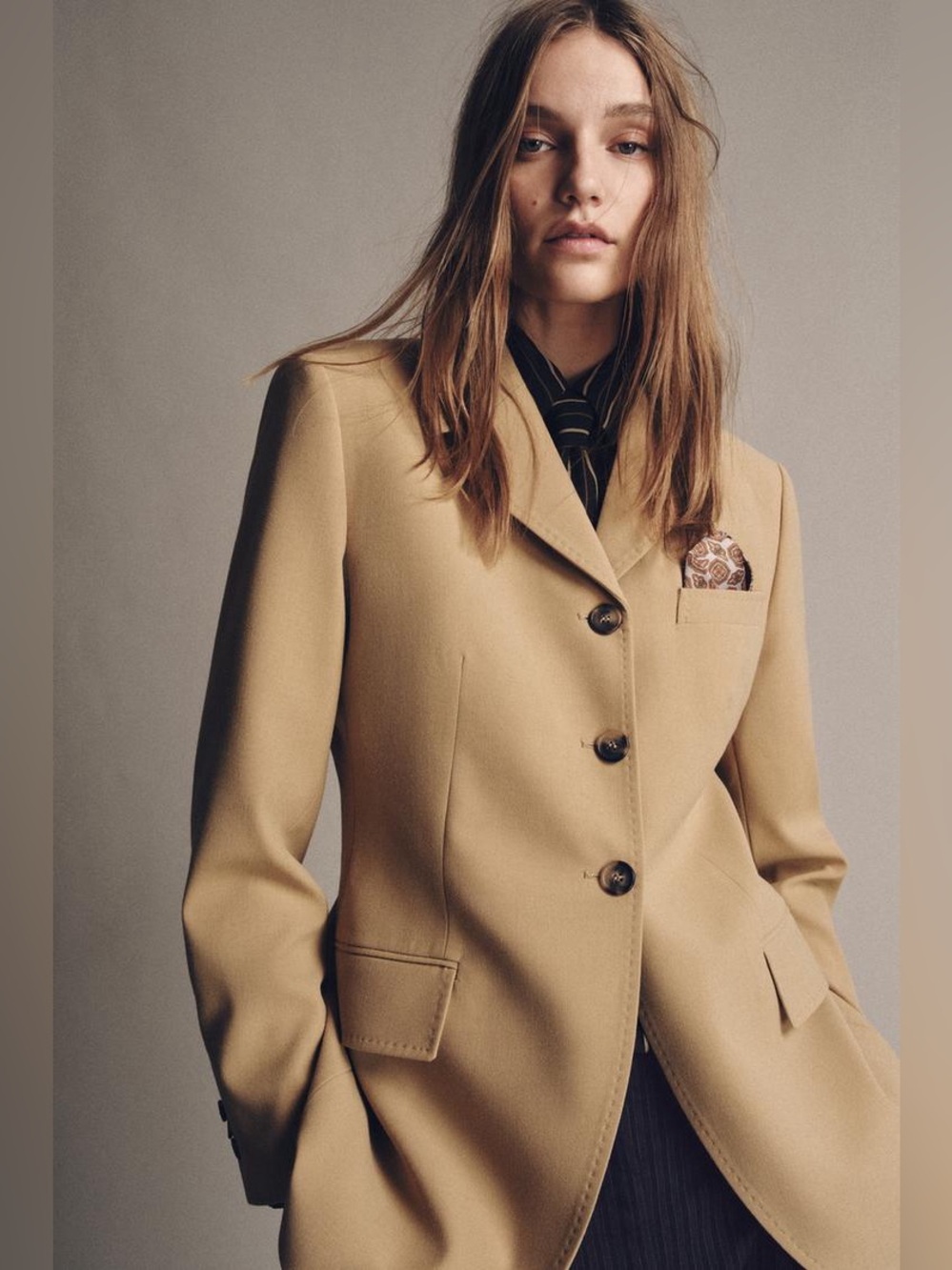 Zara Womens Tan Single-Breasted Blazer Jacket